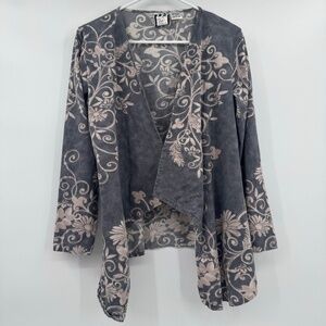 Take Two Cardigan Women Medium Gray Floral Beige Open Front Long Sleeve Vintage